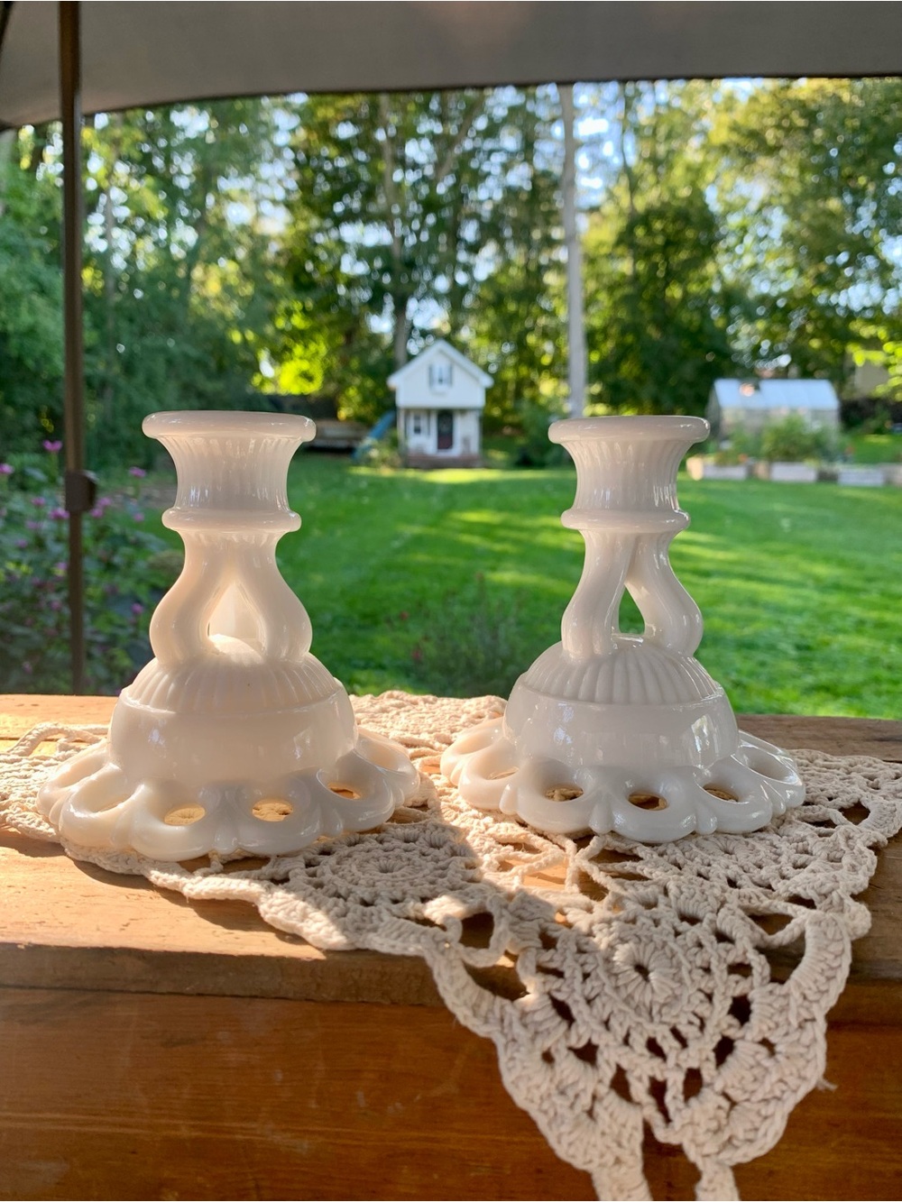 Pair of Vtg Westmoreland Doric Milk Glass Open Lace Candlesticks